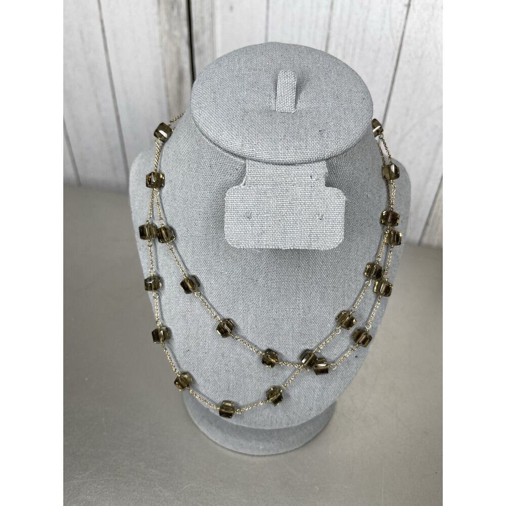 Banana Republic Long Station Necklace Gold Tone Smoky Glass Gray Brown Cube